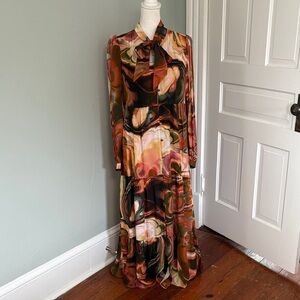 NWT Marie Oliver Khloe Abstract Tie Neck Maxi Dress Elegant Multicolor Small